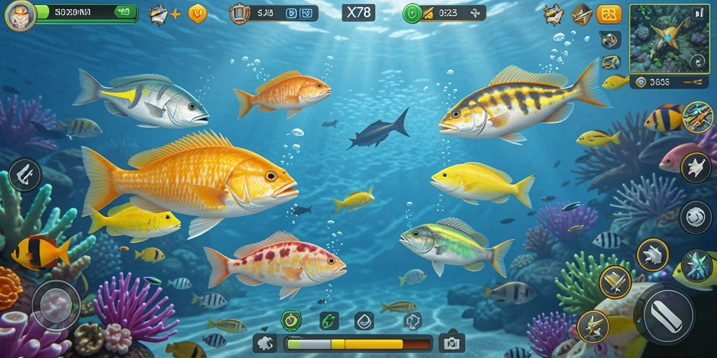 Tangkapan layar gameplay X78 menampilkan aksi menembak ikan yang seru.